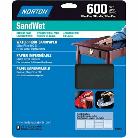 Norton Co 9" x 11" SandWet Wet or Dry Sanding Sheets 600-Grit, PK 5 48058